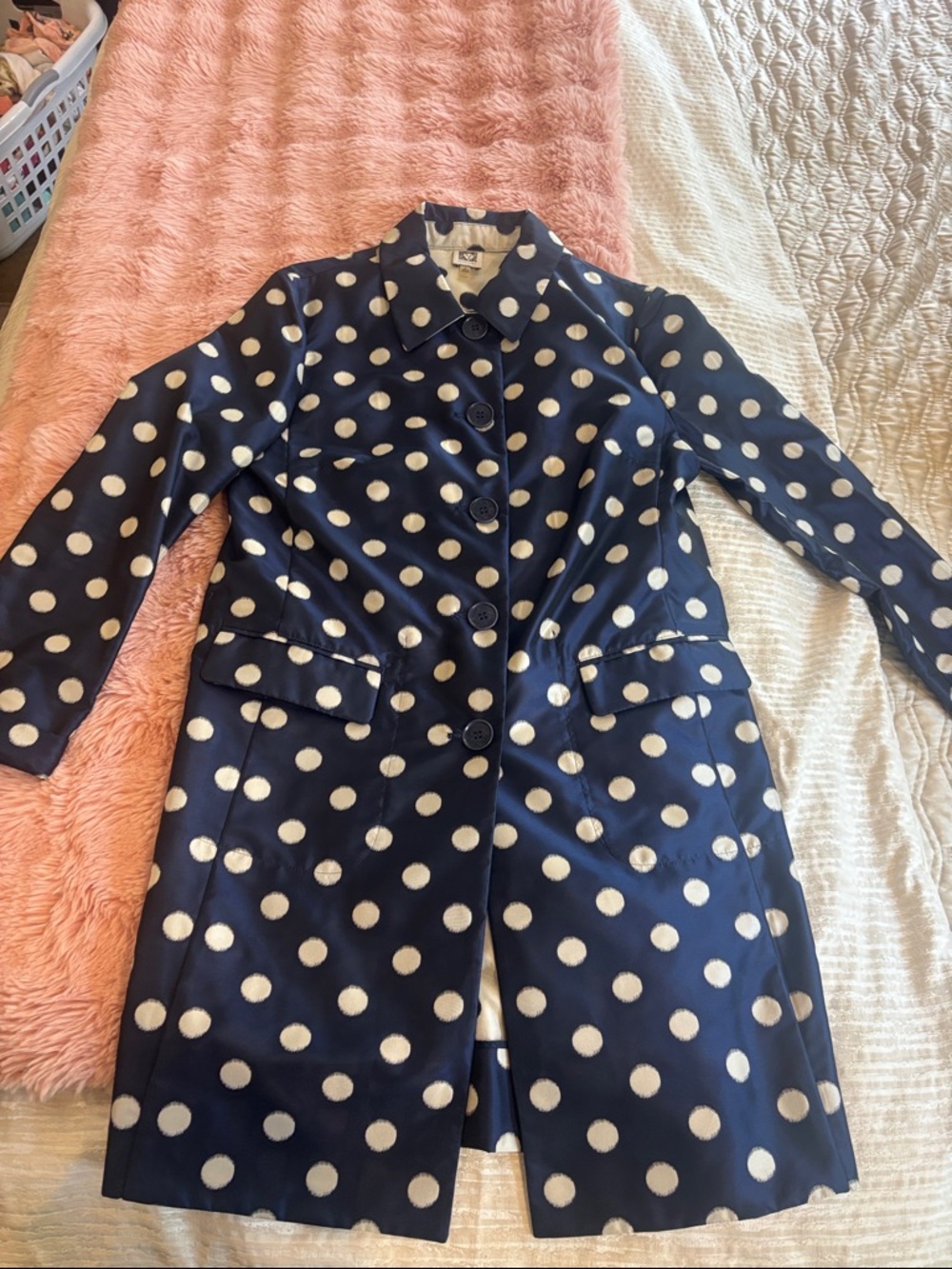Anne Klein- Polka Dot Navy Trench Coat with white polka dots